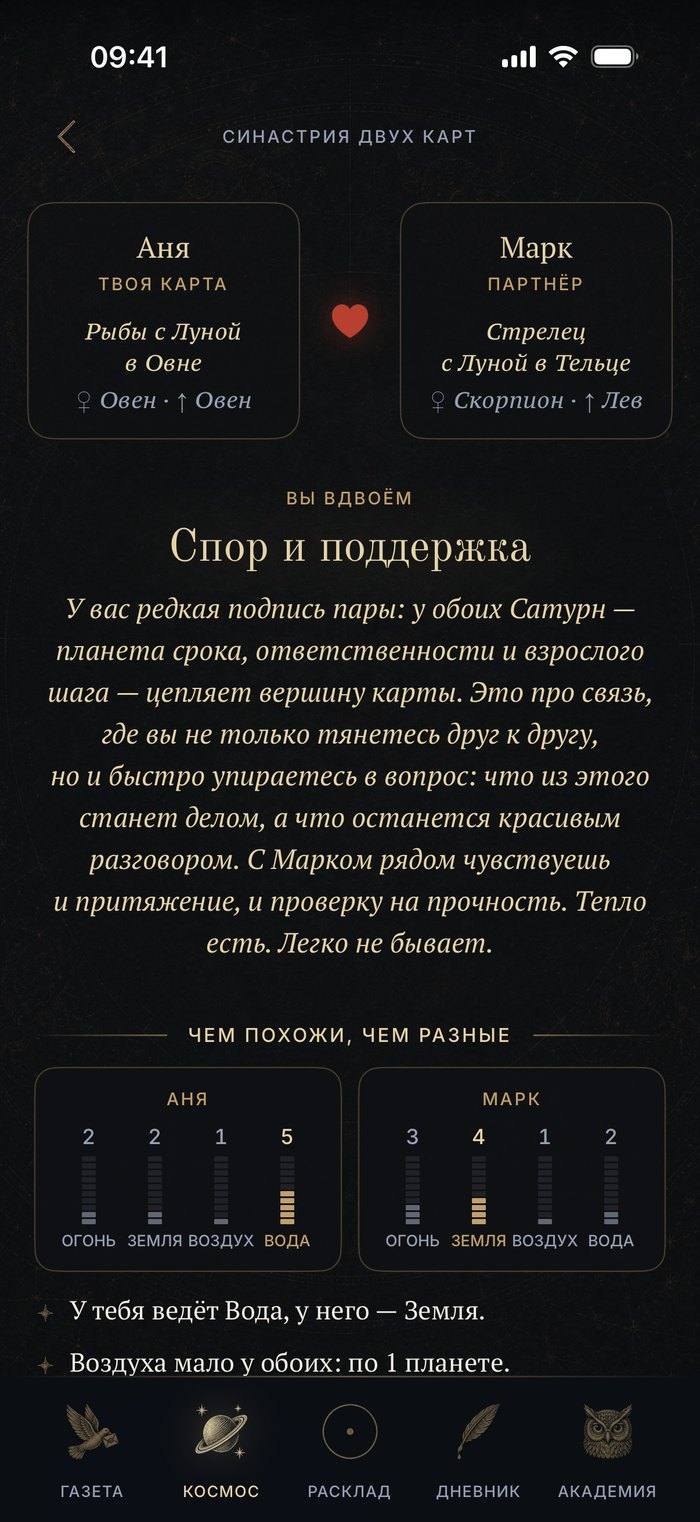 Экран приложения «Что между вами»: карта Ани рядом с картой Марка, формула их пары и чем они похожи